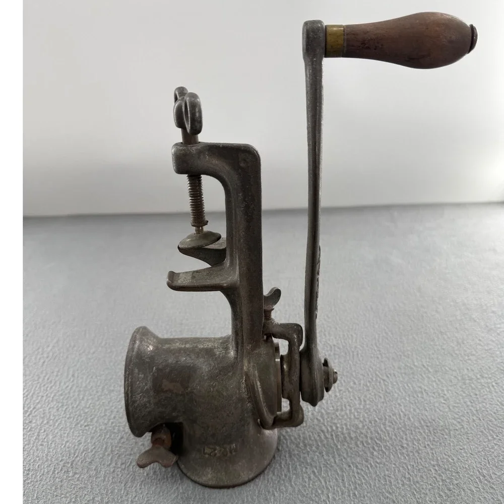 Antique Steinfeld No 21 Cast Iron Meat Grinder 1904 Pat. Wood Handle Farmhouse